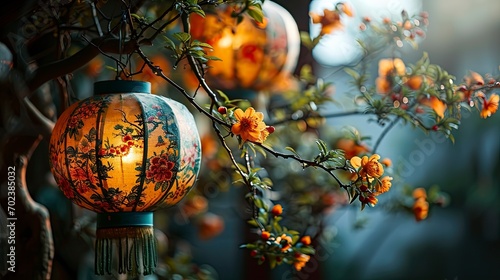 Fototapeta Naklejka Na Ścianę i Meble -  Yellow Chinese Lantern Vintage Black Background, Background HD, Illustrations