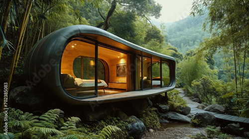 Sleeping Pod in Bamboo Grove: A modern sleeping pod nestled within a bamboo grove, blending contemporary comfort with natural serenity