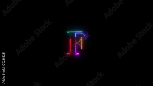 Abstract Rainbow Color Neon Letter F Animation on black background. photo