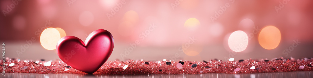 Red, pink heart on glitter and pink bokeh background. Macro photo style. Valentines day promotion banner. Design for banner, greeting card, blog, wedding, invitation. Close-up frontal with copy space.