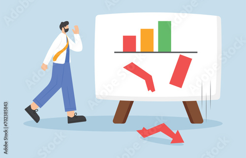 vector sad Businessman presenting wrong looking at a bad results chart


