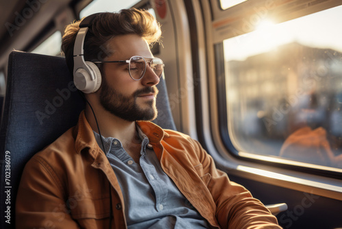 A commuter reading a book or listening to a podcast during a peaceful morning train ride. Concept of morning commute leisure. Generative Ai. photo