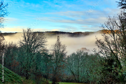 Early morning mist in Autumn in the Dordogne, France 