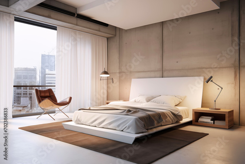 Modern Bedroom with large window in loft style © colnihko