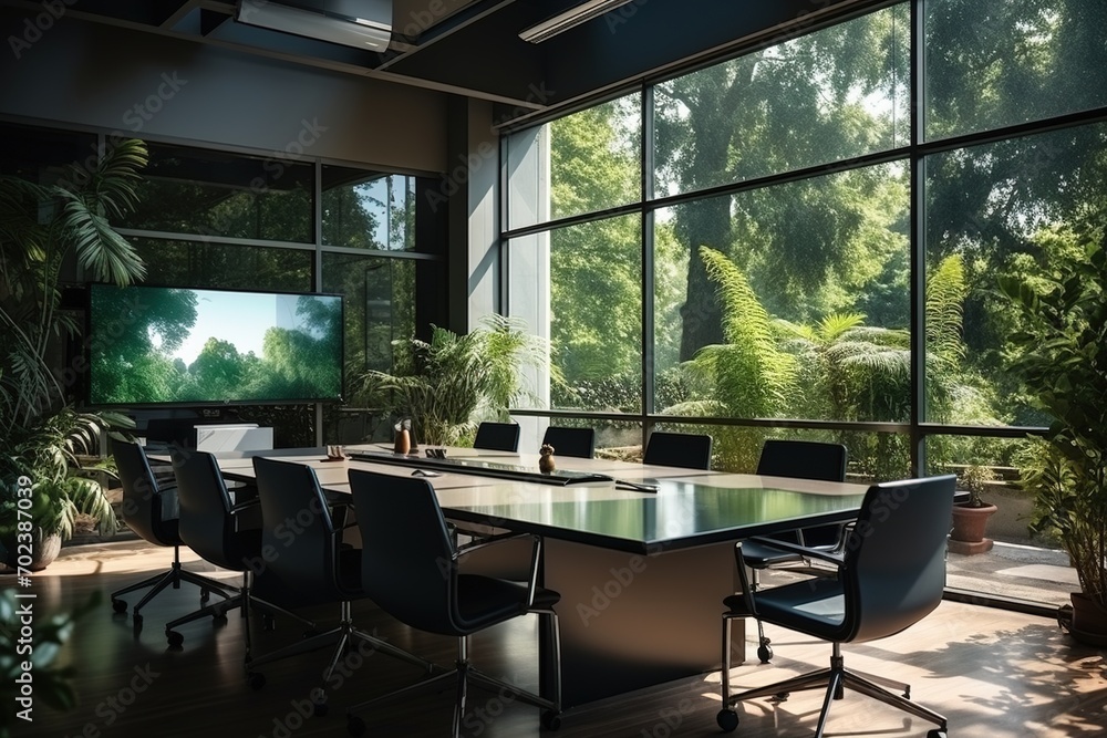 Modern office interior with large windows and green plants