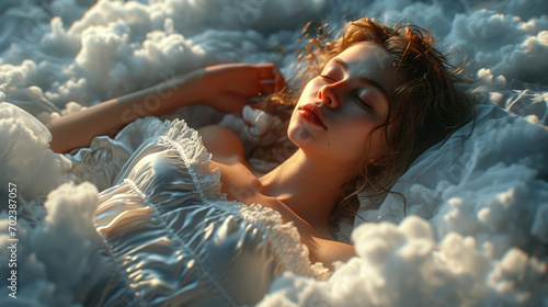 Beautiful red-haired girl sleeping on the clouds, world sleep day, postcard concept
