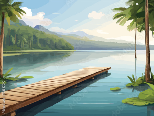 "Generate a vector illustration capturing the serene ambiance of an empty wooden jetty on a rainforest lake, seamlessly integrating a product presentation space into the natural environment, highlight