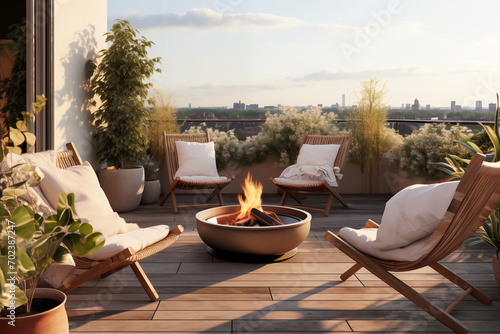 Cozy outdoor roof terrace with armchairs, fire pit and potted plants photo