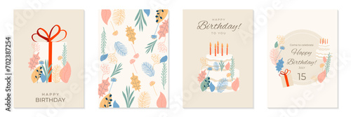 Elegant Happy Birthday celebration cards, invitation, poster, flyer, banner, email header in soft colors. Greeting abstract design with cake and gift. Templates in simple style, typography design