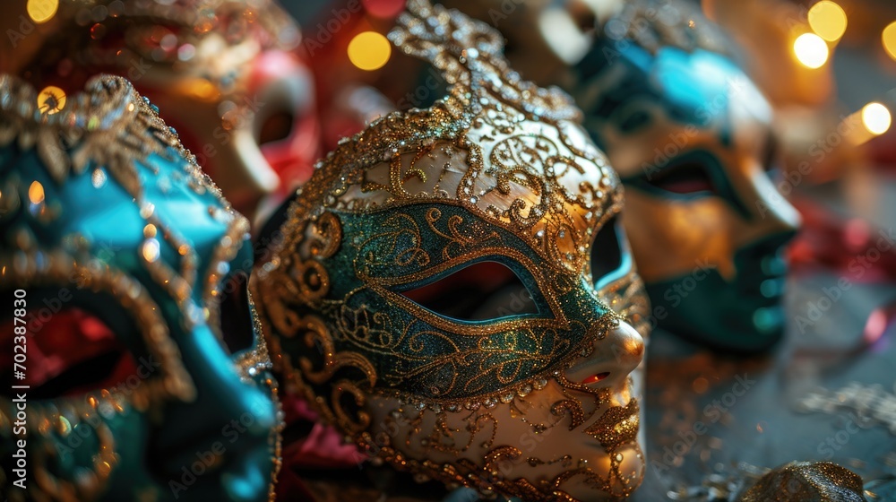 Still Life colorful Mardi Gras beads and masks, vibrant purple backdrop, vivid purples, greens, and golds, festive atmosphere