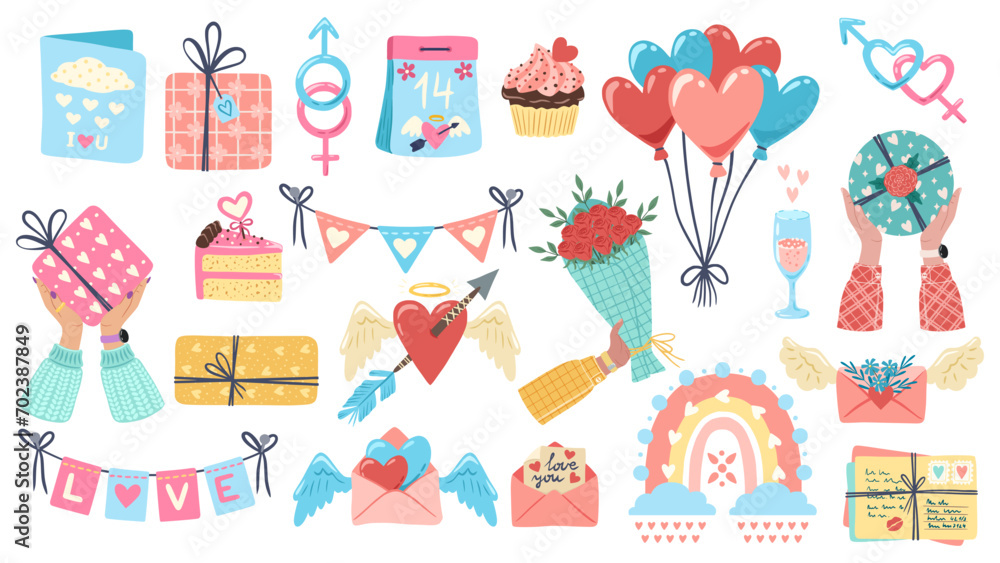 Set of illustration for Valentine's day. Flat cartoon design of graphic element. Clip arts for greeting card, invitation, print, sticker. Illustration for birthday, mother's day and woman's day.