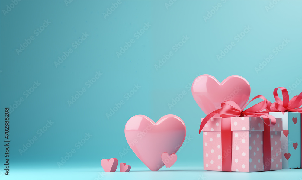 Gift boxes and hearts on a blue background. Valentine’s Day celebration. Generated by artificial intelligence.