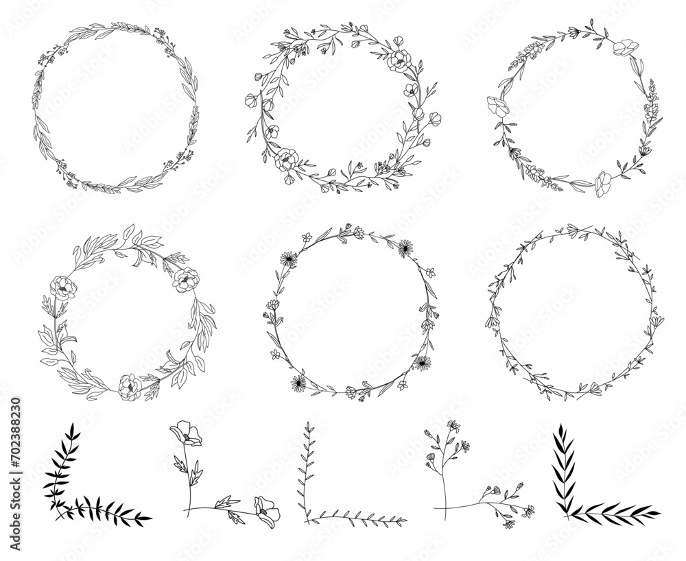 Line art wildflowers wreaths and floral corners, line art drawing, botanical vector illustration