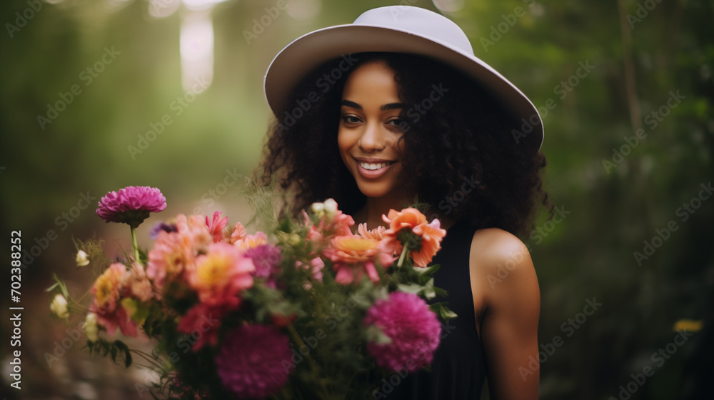 close up portrait of African American woman holding a bouquet of wild flowers