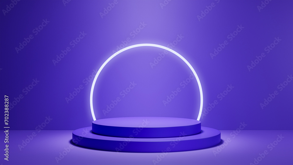 Violet 3d cylinder stand podium with glowing neon in circle shape Violet 3d cylinder stand podium with glowing neon in circle shape