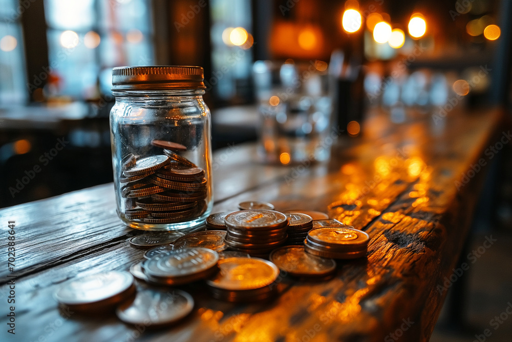 glass jar filled with coins on a wooden bar counter, with more coins scattered around it, and warm, blurred lights in the background