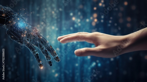 AI, robot and human hands touch big data of global network connection,