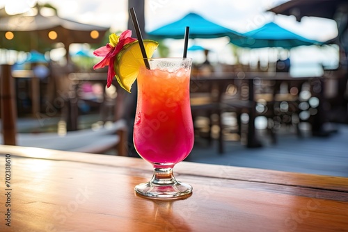 A close-up shot of a colorful tropical cocktail on a beachside bar