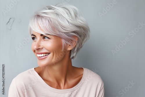 Elegant 1950s Senior Woman. Radiant Smile, Graceful Grey Hair - Close-Up Portrait