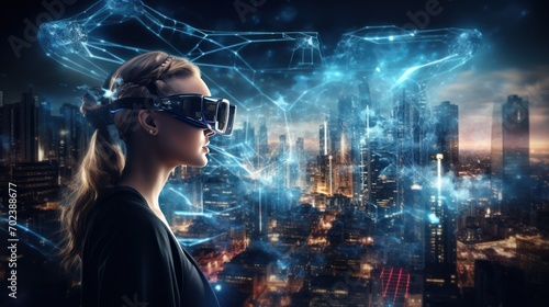 AI, woman with virtual reality glasses, future technology concept Global network connectivity, future artificial intelligence