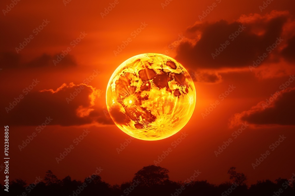 Big sun with orange clouds in the sunset sky