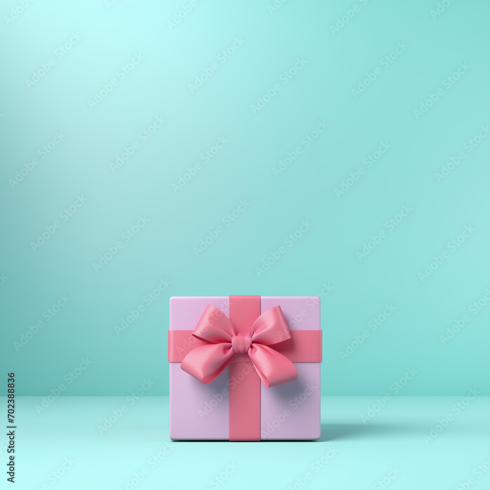 Close up front view, minimal composition of pink gift box with bow on pastel turquoise backdground. New Year or Valentine's Day or International Women's Day present concept background. Copy space. Close up front view, minimal composition of pink gift box with bow on pastel turquoise backdground. New Year or Valentine's Day or International Women's Day present concept background. Copy space.