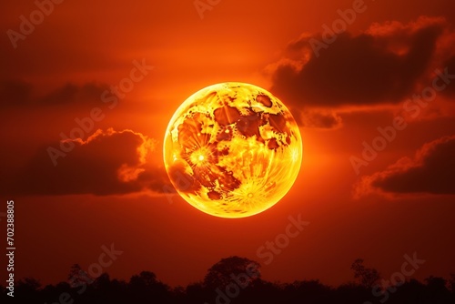 Big sun with orange clouds in the sunset sky