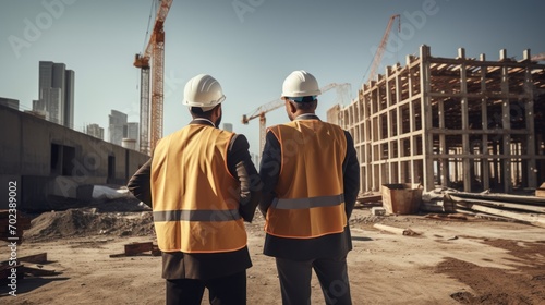Closeup of experts inspecting a commercial building construction site. Real estate project in industrial building in collaboration with civil engineers