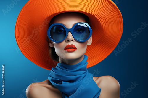 Fashion Model in Bold Orange Hat and Sunglasses with Blue Makeup