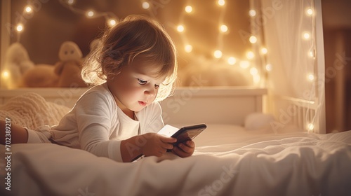 Cute little child playing with mobile phone lying on the bed Reflected light from smartphones affects eyesight.
