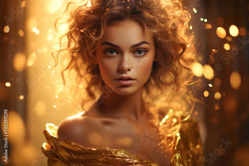 Fashion portrait of a beautiful girl decorated with gold foil 