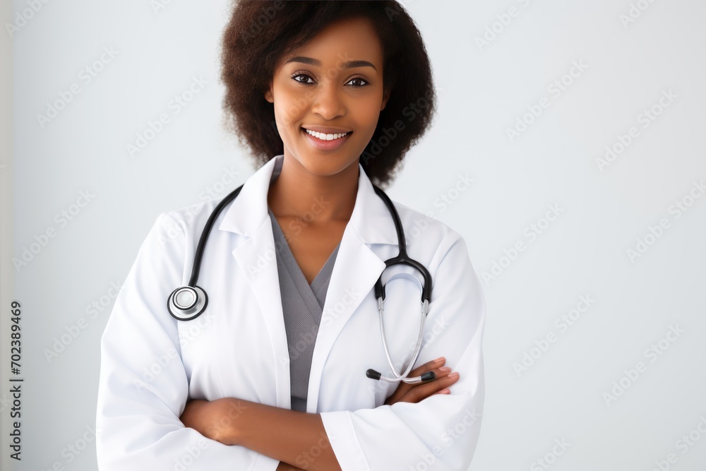 Healthcare and medical concept Closeup of attractive black female doctor standing confidently with arms crossed Healthcare and medical concept Closeup of attractive black female doctor standing confidently with arms crossed