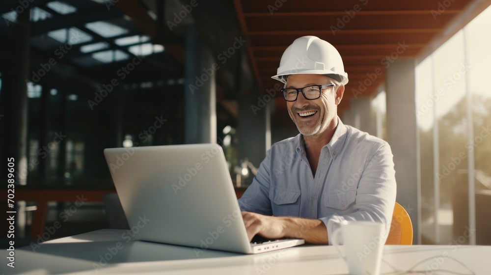 Mature architect wearing white construction helmet and safety working on laptop in construction area Mature architect wearing white construction helmet and safety working on laptop in construction area