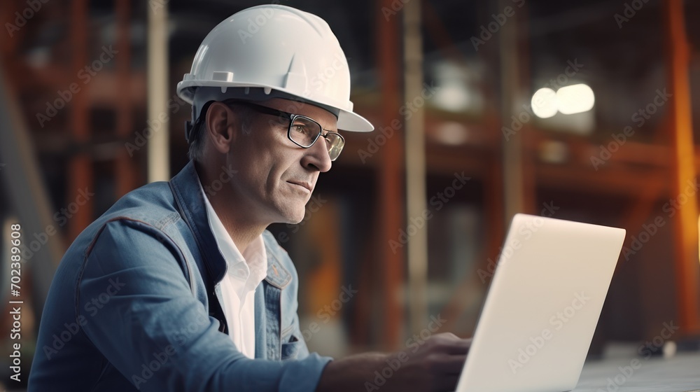 Mature architect wearing white construction helmet and safety working on laptop in construction area Mature architect wearing white construction helmet and safety working on laptop in construction area