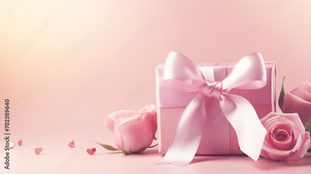 Ribbon in the shape of a heart with a gift box and rose flowers on a pastel pink background, Happy Valentine's Day,