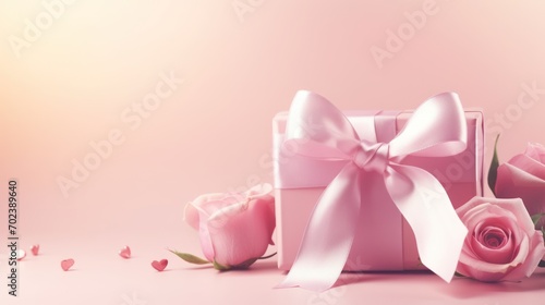 Ribbon in the shape of a heart with a gift box and rose flowers on a pastel pink background, Happy Valentine's Day, © venusvi
