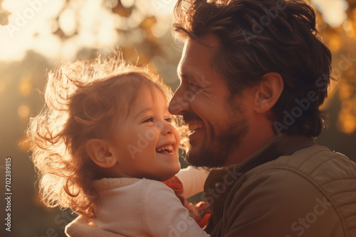 Father, bonding kiss and boy child hug happy in nature with quality time together outdoor. Happiness, laughing and family love of a dad and kid in a park enjoying nature hugging with care and a smile