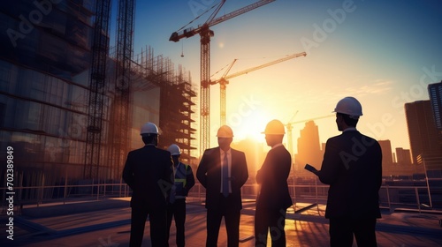 Silhouette of a team of business engineers looking at blueprints at a construction site, blurred construction site background at sunset