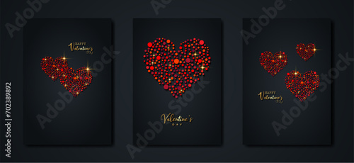 Happy Valentines day vector set greeting card. Red glitter hearts on black background. Holiday poster with gold text, jewels. Concept for Valentines banner, flyer, party invitation, jewelry gift shop