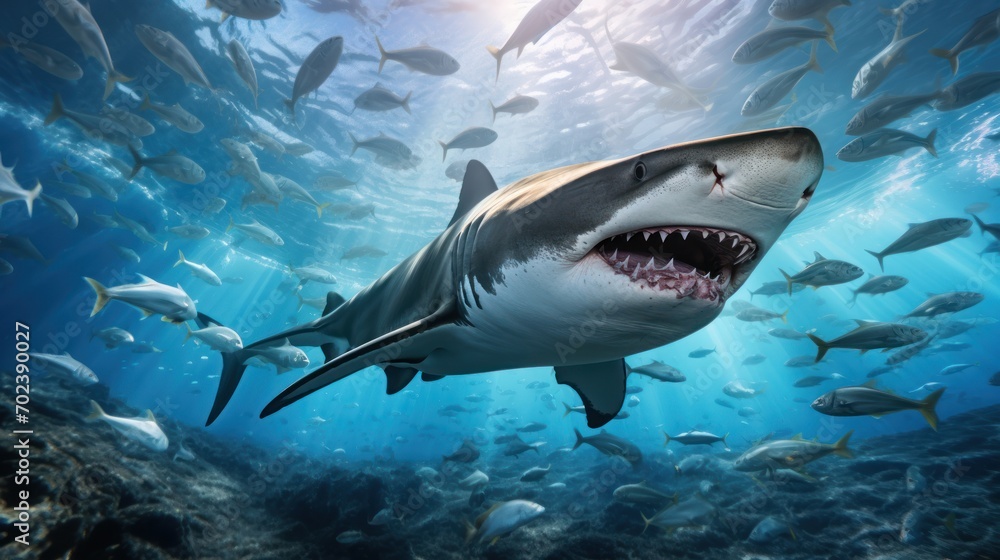 Naklejka premium photograph of Whitetip sharks surrounded by pilot fish in the sea. panorama realistic daylight --ar 16:9 --v 5.2 Job ID: 35827f34-2ba9-4ad6-ac59-7d30d4572cb3