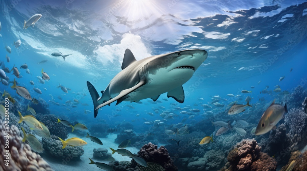 Fototapeta premium photograph of Whitetip sharks surrounded by pilot fish in the sea. panorama realistic daylight --ar 16:9 --v 5.2 Job ID: 35827f34-2ba9-4ad6-ac59-7d30d4572cb3