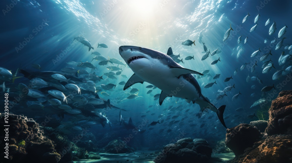 Fototapeta premium photograph of Whitetip sharks surrounded by pilot fish in the sea. panorama realistic daylight --ar 16:9 --v 5.2 Job ID: 35827f34-2ba9-4ad6-ac59-7d30d4572cb3