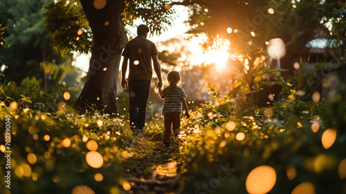 Father and daughter walking in the garden at sunset. Happy family concept. photo