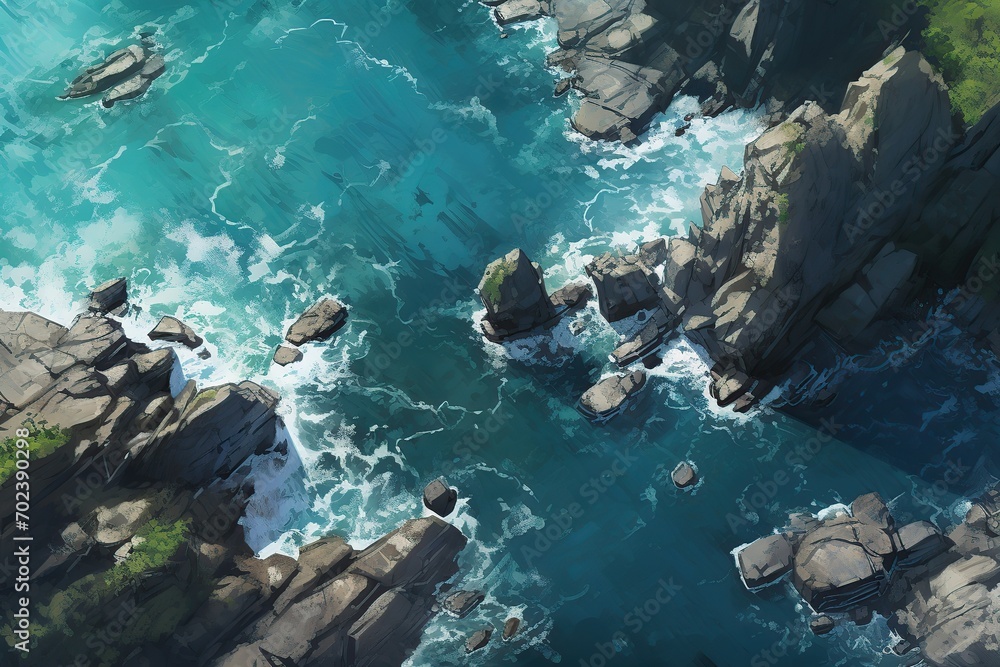 Aerial view of sea waves and rocks