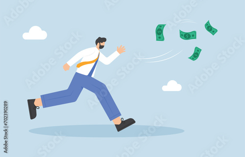 Businessman hurry up running follow money flying away, vector illustration cartoon

