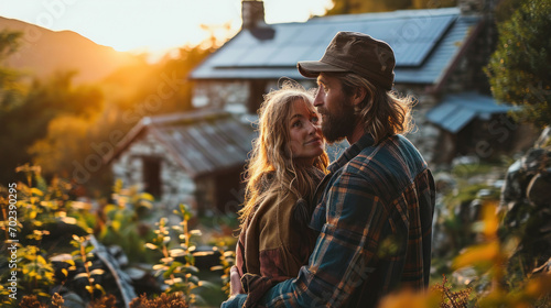 Portrait of a loving couple in the countryside at sunset. They are looking at each other and smiling. photo