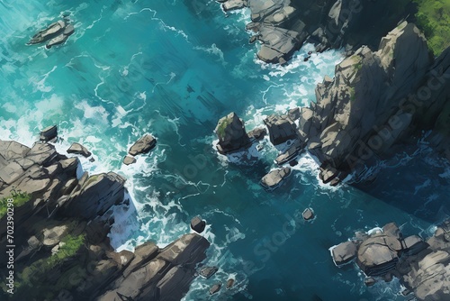 Aerial view of sea waves and rocks