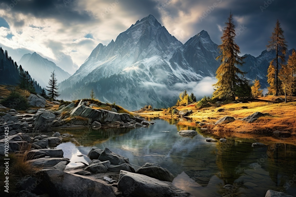 Illustration of mountain peak and green landscape with lake - obrazy, fototapety, plakaty 
