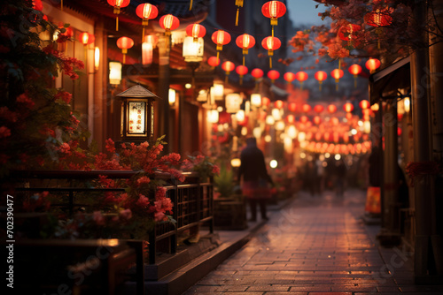 Festive Lanterns Adorning Traditional Street at Dusk