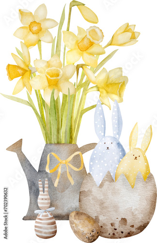 Daffodils In A Watering Can And Eggshell With Decorative Bunnies Are Perfect For Easter
